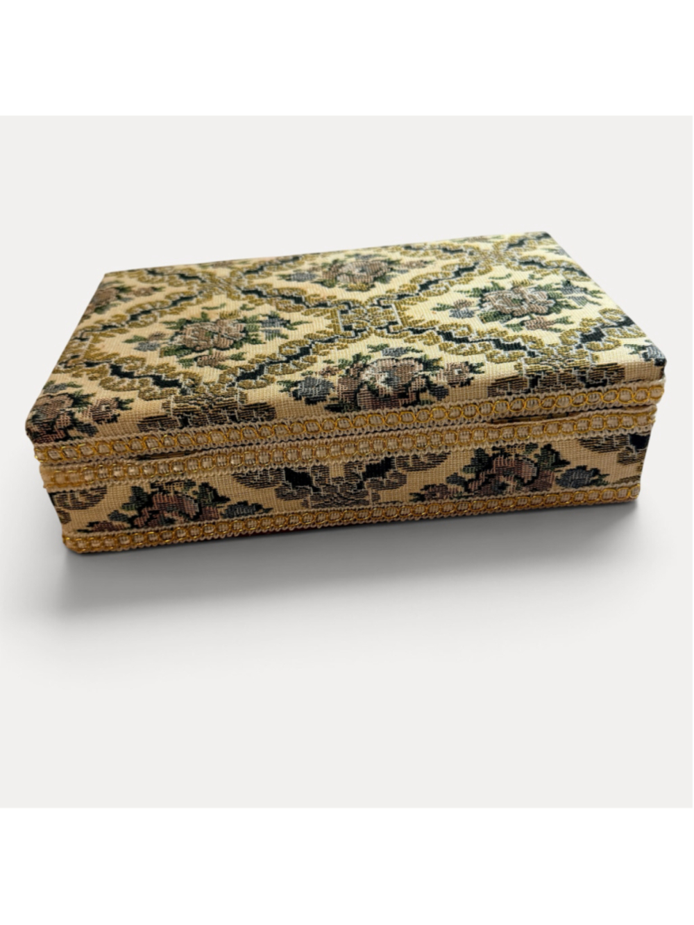 Vintage Floral Tapestry Jewelry Box Red Velvet Interior Mirror Gold Trim - Picture 14 of 16